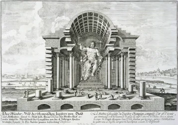 Estatua de Zeus Olímpico, realizada por Fidias en oro y marfil, dibujada según la descripción exacta de Pausanias (143-176 d. C.), de «Entwurf einer historischen Architektur», 1721